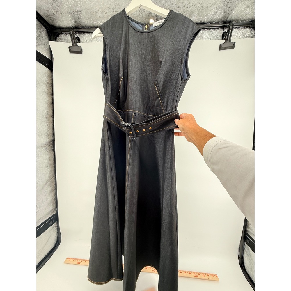 Calvin Klein Womens Indigo Denim Belted Midi Dress Dark Wash Sleeveless Size 6